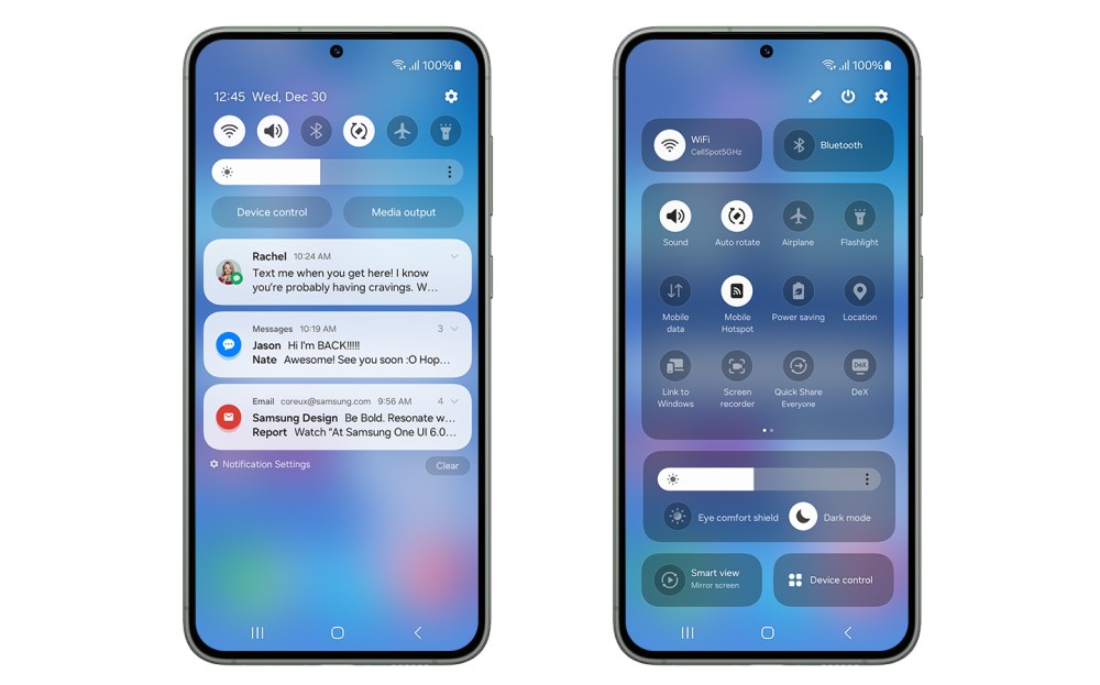 Interface da Samsung One UI com cartões arredondados e camadas translúcidas